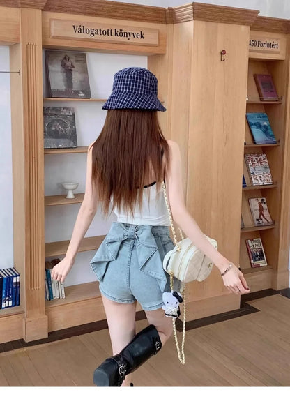 Women's Sexy Denim Shorts  Y2K Petite High Waisted Hip Lifting Shorts with Personality 3D Bow Detail Slim Summer Hot Pants