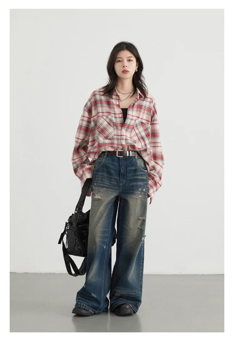 Women's Cotton Shirt Single Breasted Loose New Retro Color Blocked Grid Female Blouses Autumn Spring 2026