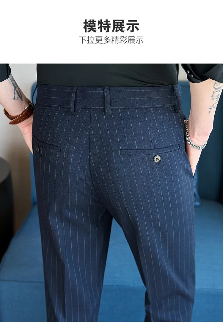 Men's Elastic Waist Striped Suit Pants 2025 New Social Casual Trousers Slim Fit Suit Pants Business Office Wedding Men Clothing