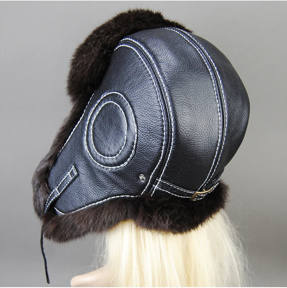 Hot Sale Winter Women's 100% Real Rabbit Fur Bomber Hat Ushanka Cap Trapper Russian Woman Ski Hats Caps Real Sheepskin Leather