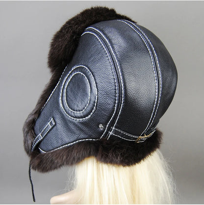 Hot Sale Winter Women's 100% Real Rabbit Fur Bomber Hat Ushanka Cap Trapper Russian Woman Ski Hats Caps Real Sheepskin Leather
