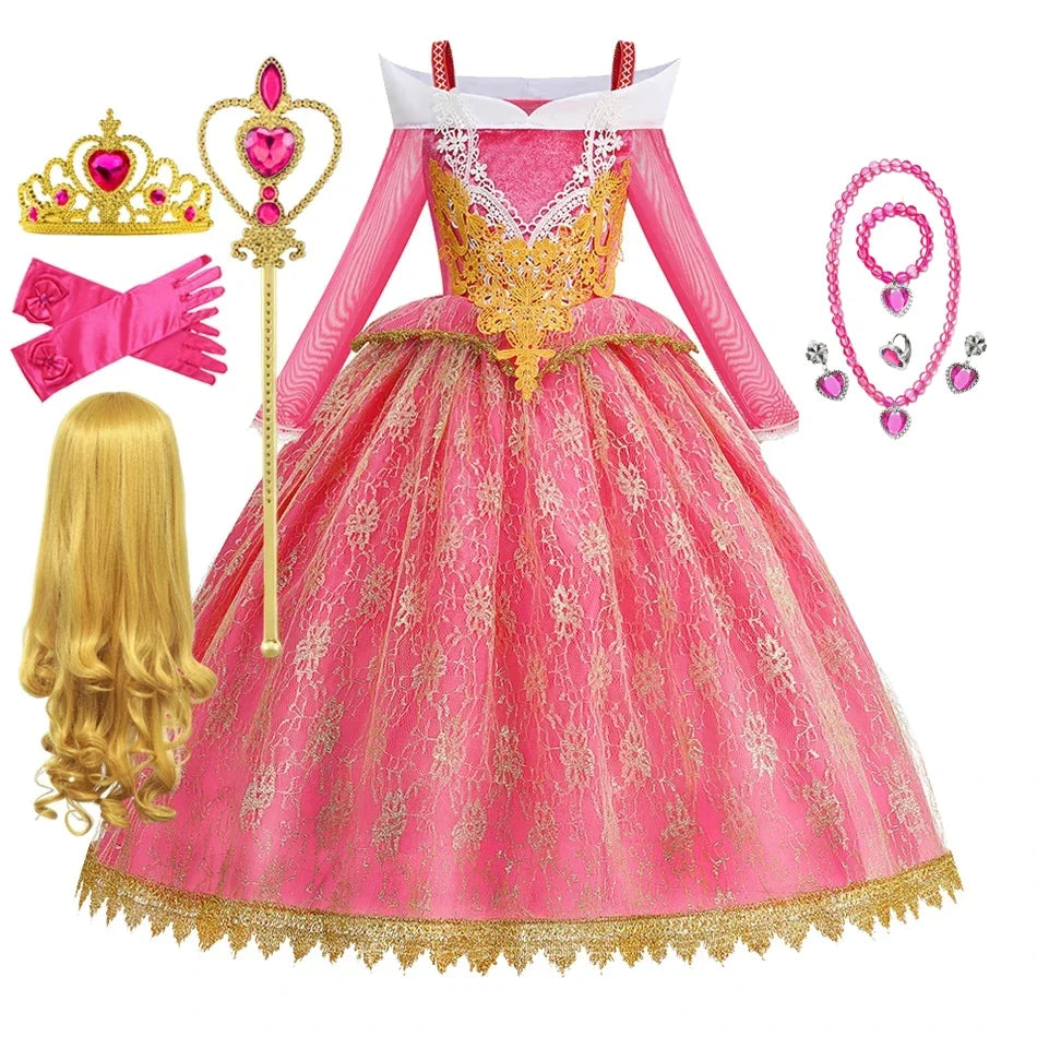 Girls Princess Costume Aurora Vestidos Cosplay Dress Girls Halloween Carnival Birthday Outfit Party Ball Gown