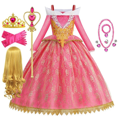 Girls Princess Costume Aurora Vestidos Cosplay Dress Girls Halloween Carnival Birthday Outfit Party Ball Gown