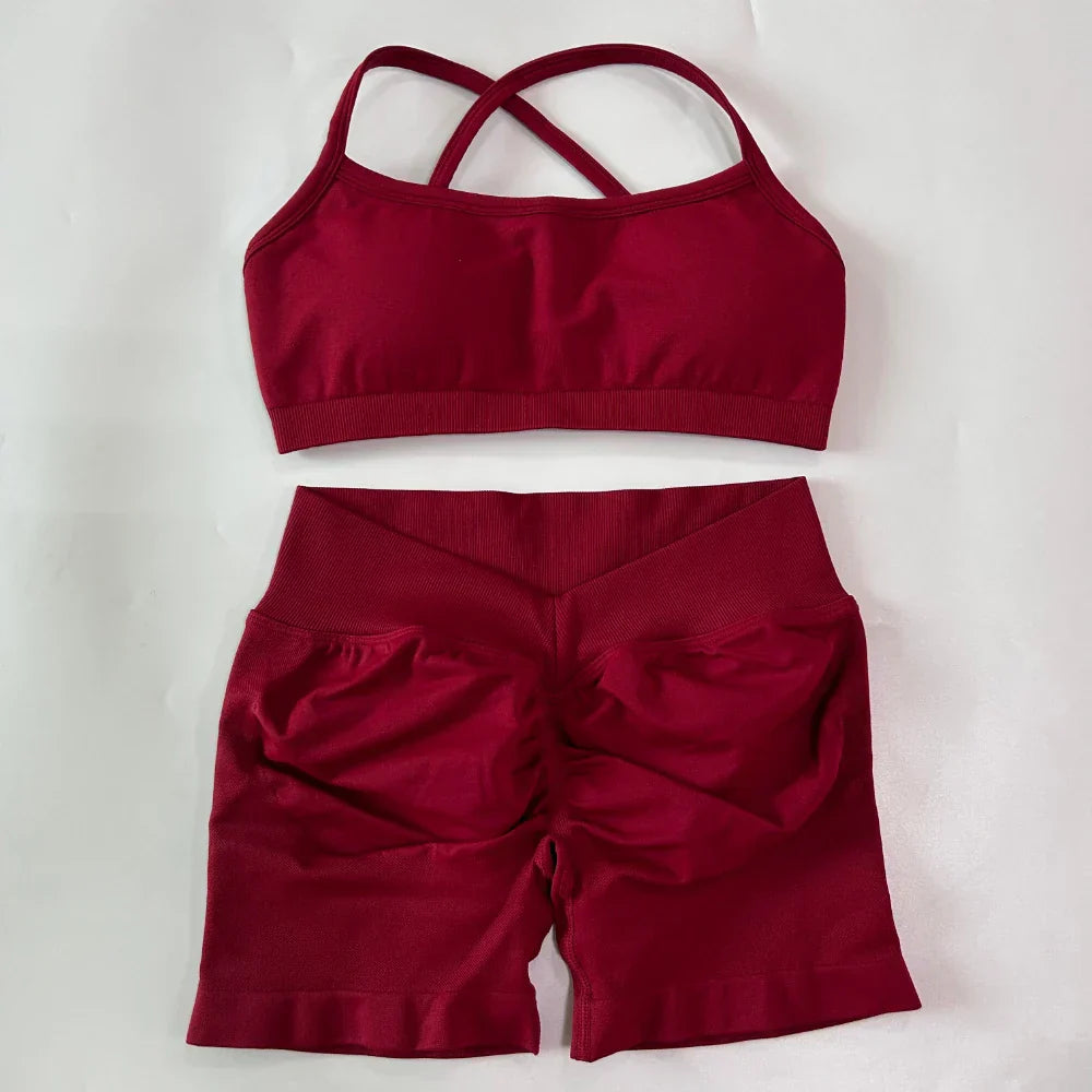 2 Pieces Set For Woman Clothes Seamless Scrunch Yoga Shorts Set Backless ktp Sports Bra Fitness Workout Top Gym Set Outfits