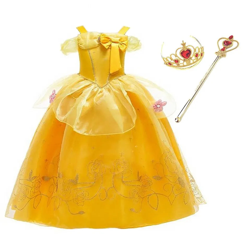 Girl Belle Dress Up Sleeveless Floral Children Party Princess Costume Kids Beauty and The Beast Halloween Carnival Outfit Clothe
