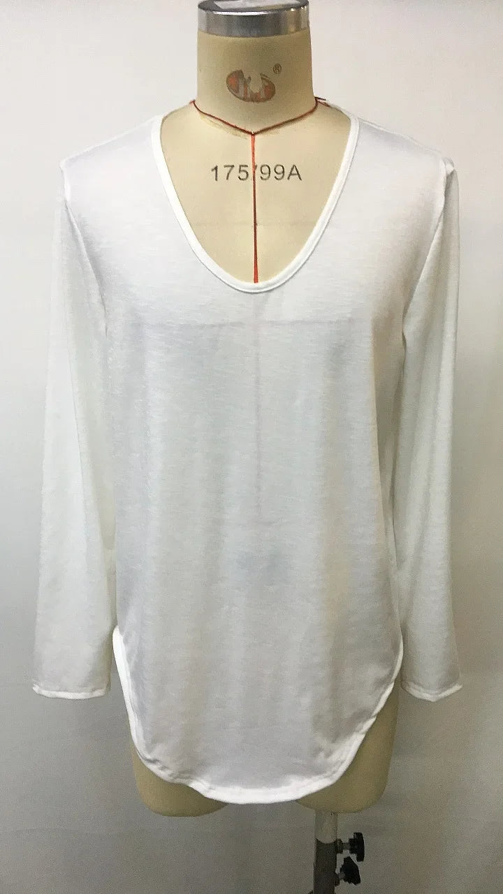 3XL Sexy Curved Hem V Neck Long Sleeve T Shirt Men Loose Fit Casual Daily Office Beach Lightweight See Through Basic Tee Sheer