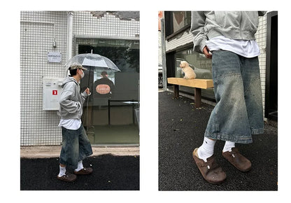 American Retro Washed High Street Jeans Shorts Men's Loose Straight Leg Wide Leg Vintage Casual Versatile Six Seven Pants