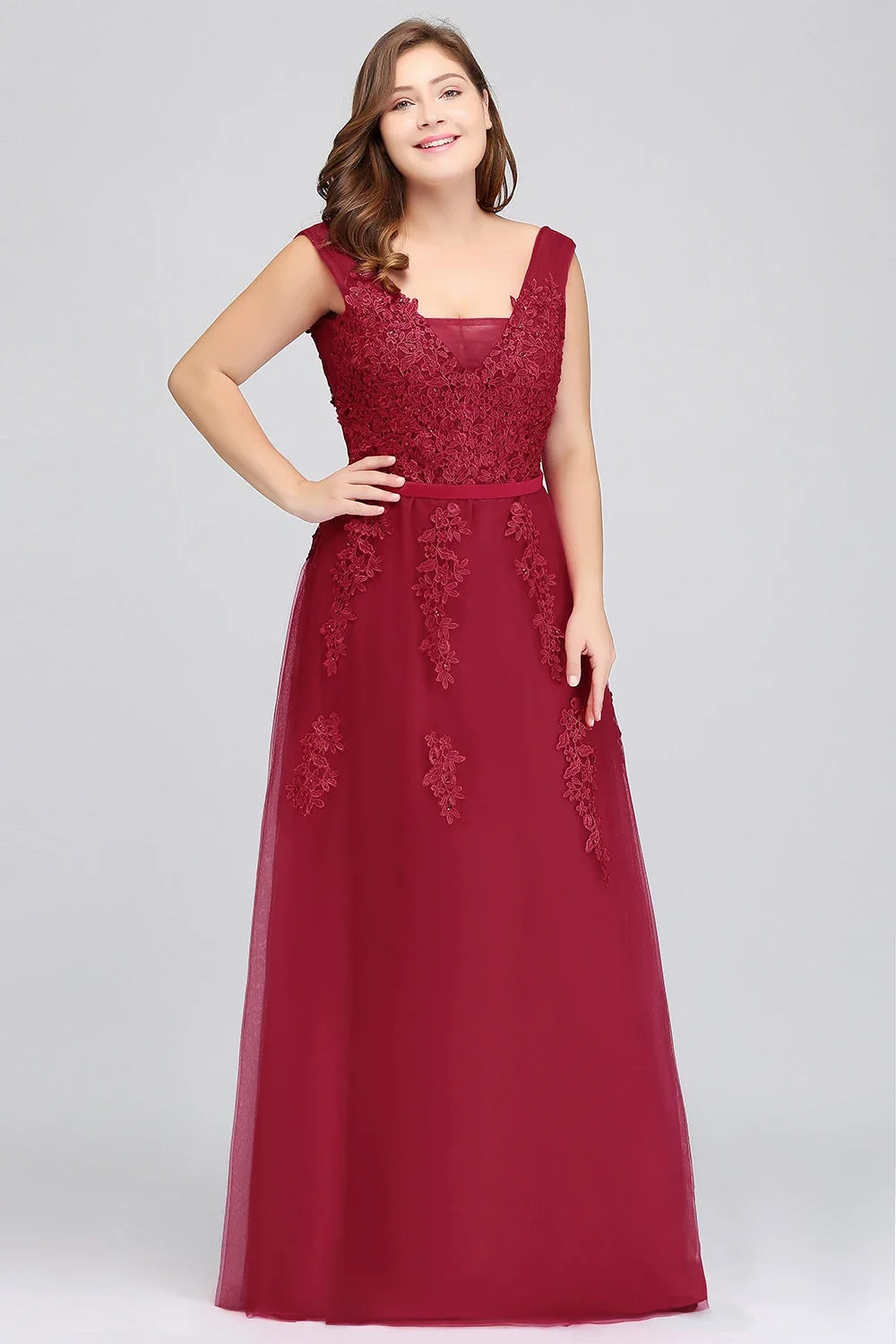 Women Burgundy Evening Dress Lace Appliques Tulle V-Neck Sexy Backless Prom Dresses A-Line Floor-Length Sleeveless Party Vestido