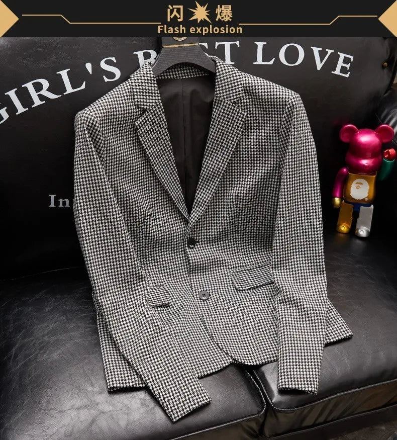 Plus-Size Men's Spring New Korean Style Slim-Fit Trendy Handsome Single-Breasted Houndstooth Suit Jacket