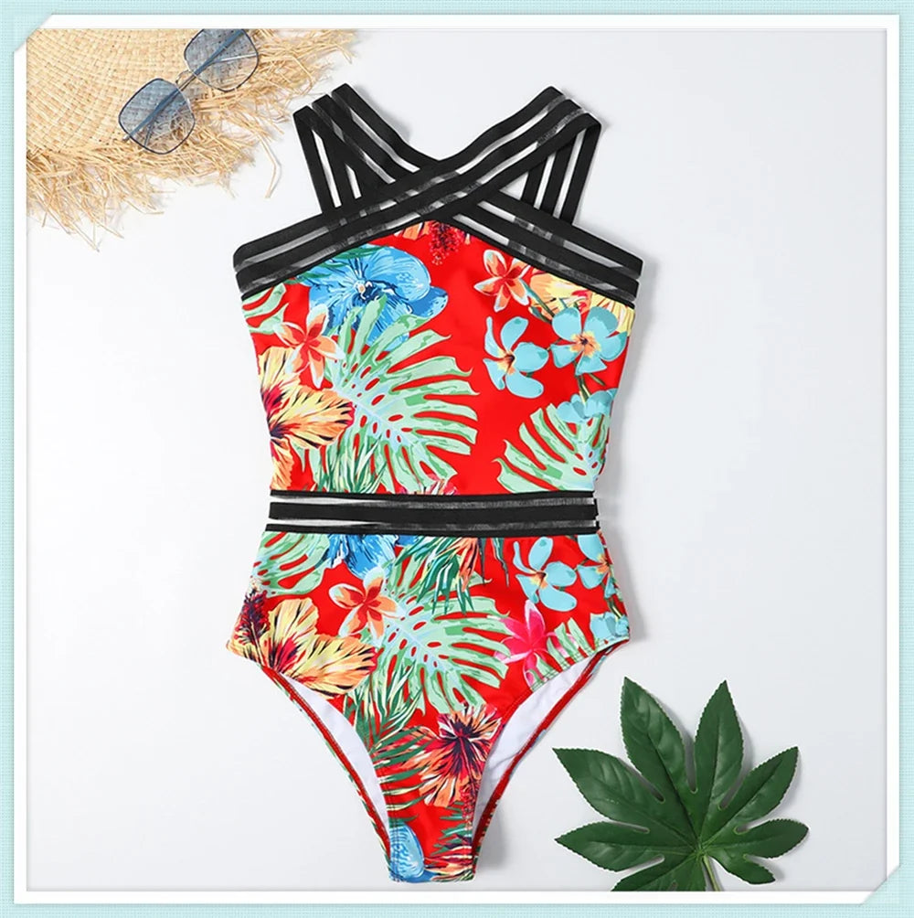 Solid Mesh Tape Swimsuit 2026 One Piece Sexy High Neck Swimwear Women Cross Front Bathing Suit Female Padded Beachwear Bodysuit