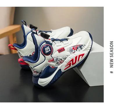 Leather Upper Children Basketball Shoes Rotatory Button Shock Absorbing Boys Shoes