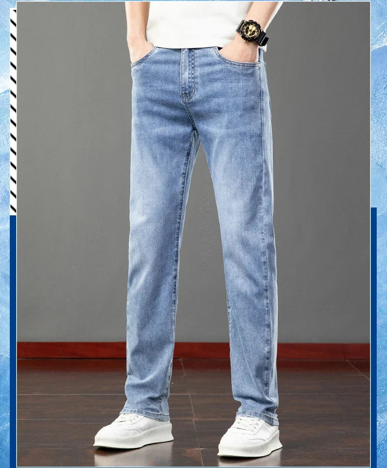 Spring Summer Thin Men's Jeans Fashion Korean Elastic Slim Straight Business Casual Denim Pants Classic Washed Male Trousers
