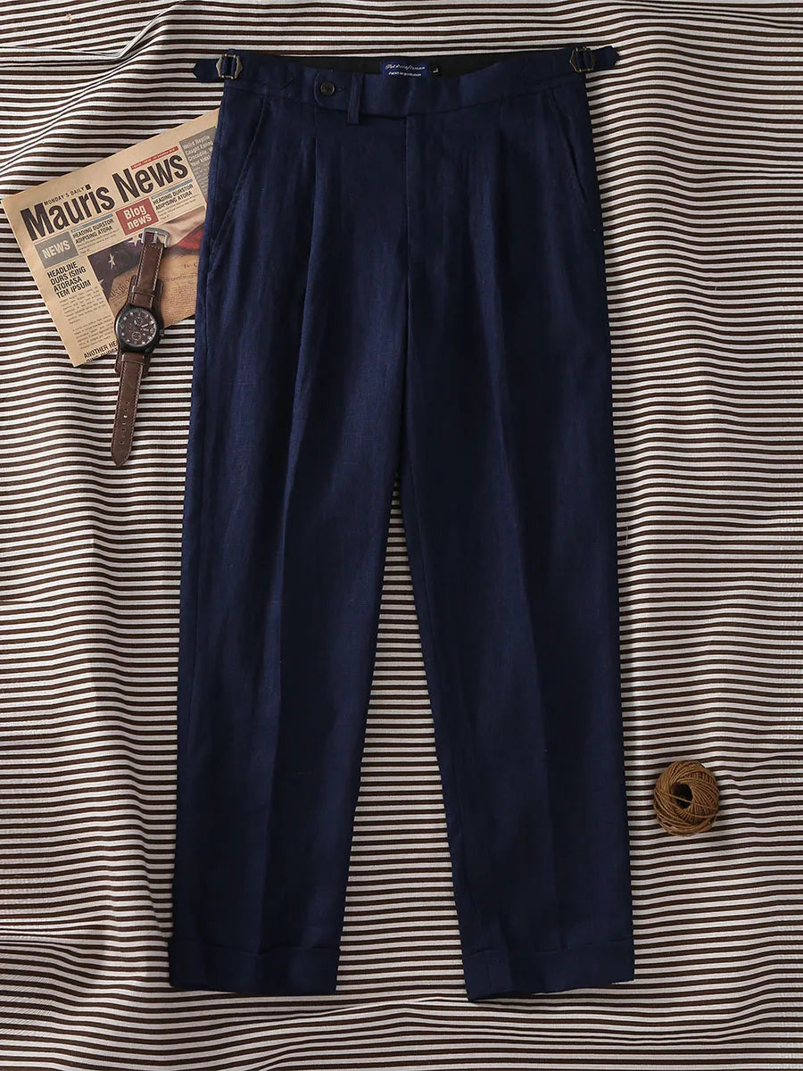 Navy pure linen Paris button micro-tapered slacks Italian casual single-pleat suit pants for men customized