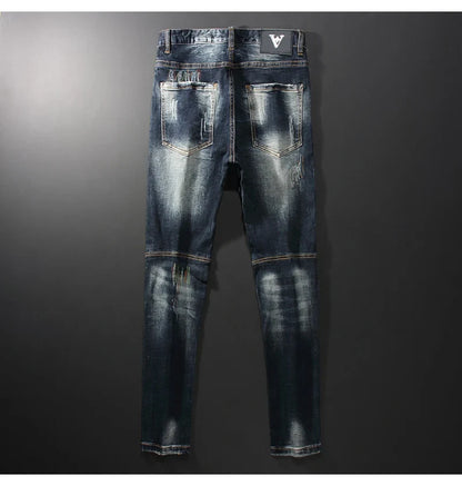 Streetwear Fashion Men Jeans Retro Black Blue Elastic Slim Fit Ripped Jeans Men Spliced Designer Embroidery Hip Hop Denim Pants