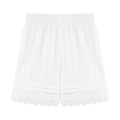 White Lace Trim Patchwork Casual Shorts for Women's High Waisted Wide Leg Vacation Beach Pants Loose Thin Bottoms Home Shorts
