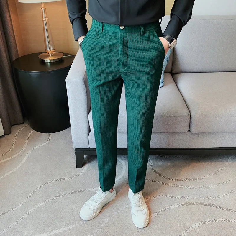 2024 Autumn New Waffle Stretch Waist Business Formal Pants Men Fashion Wedding Slim Trouser Mens Brand Social Party Suit Pants
