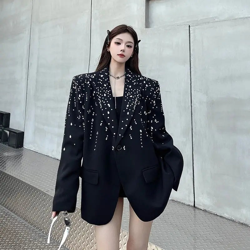 High-Quality Hot Diamond Black Blazer Women's Neutral Spring And Autumn New Design V ersatile Long-Sleeved Shoulder Padded Suit