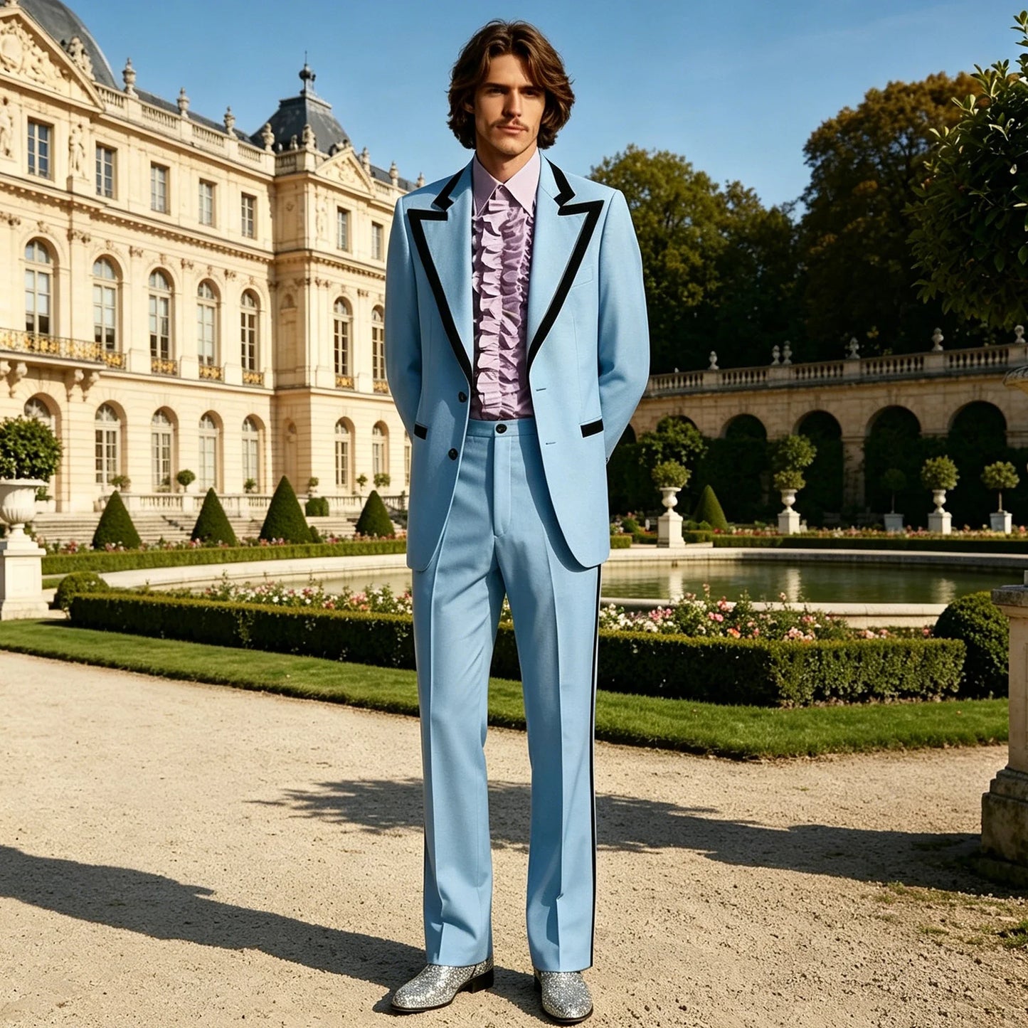 Men's Tuxedo Suit with Black Trim 2-Piece Slim Fit Blazer Pants Set Business Casual Jacket Straight Leg Trousers Formal Outfit