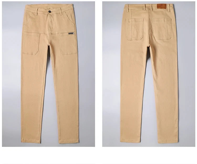 Spring and Autumn Men's Multi-Pocket Design Jeans Fashionable and Versatile White Khaki Red Comfortable Stretch Denim Pants
