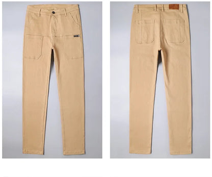 Spring and Autumn Men's Multi-Pocket Design Jeans Fashionable and Versatile White Khaki Red Comfortable Stretch Denim Pants