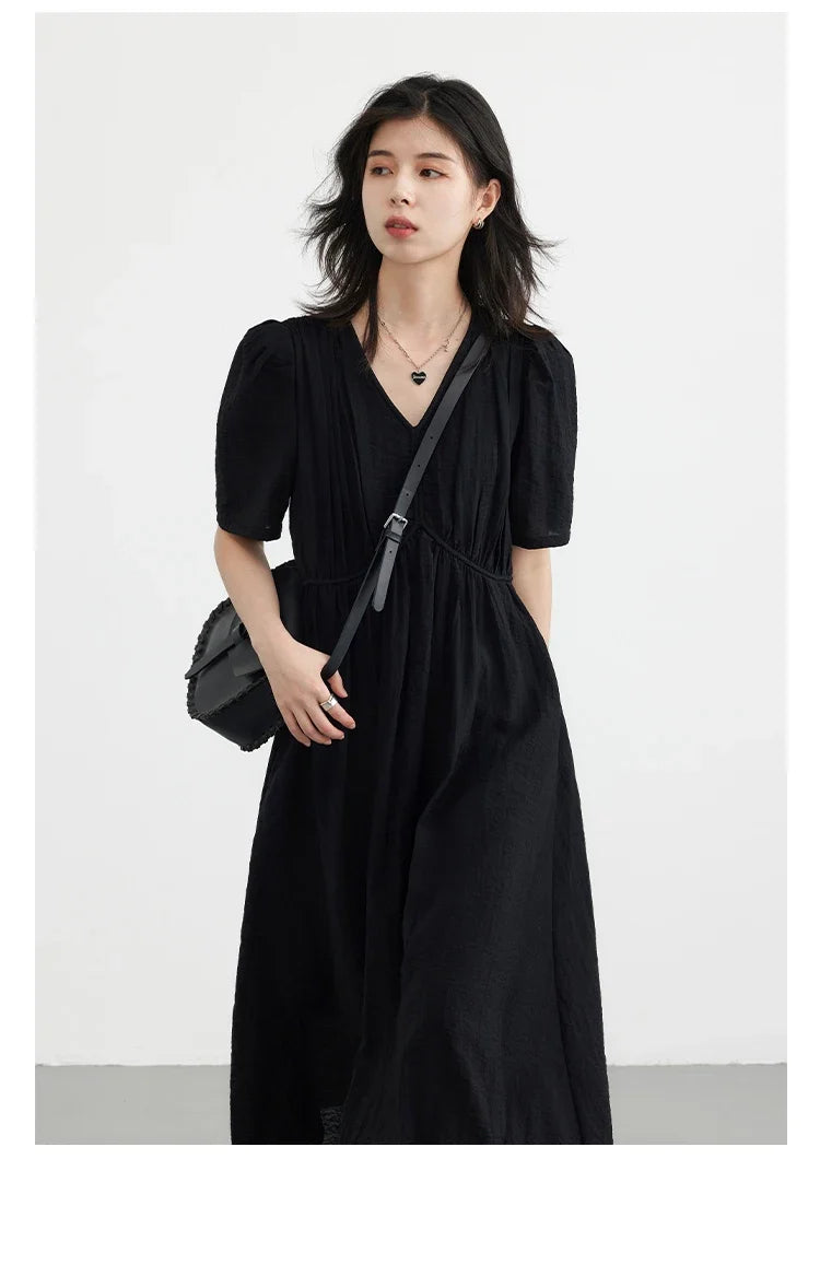 Women Dresses French Style Vintage V-neck Puff Sleeve Long Dress Solid Black Loose Female Clothing Summer New 2023