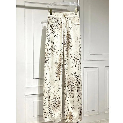 Leopard Print Straight Wide Leg Jeans Women High Waisted Retro Jeans Streetwear Y2k Vintage Pants High Street Denim Trousers