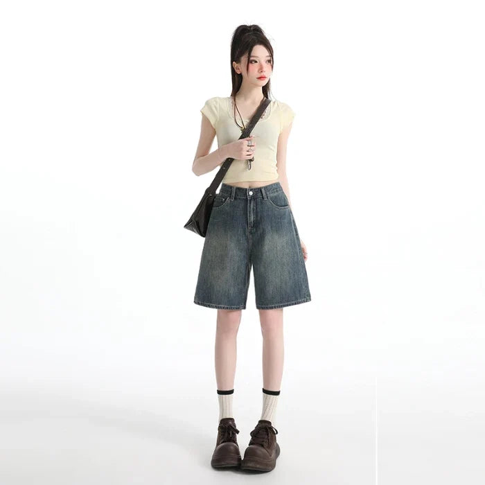 Women's High Waist Wide Leg  Y2K American Retro Washed Five-Point Denim Shorts Summer Loose Slim Straight Cut Mid-Length Pants