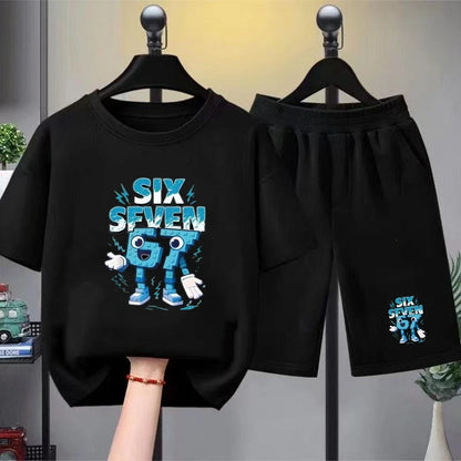 67 Children T-shirt 3-12Yrs Summer Six Seven Print Short-sleeved Cute Funny Fashion Boys Girls Toddler Top+Shorts 2PCasual Set