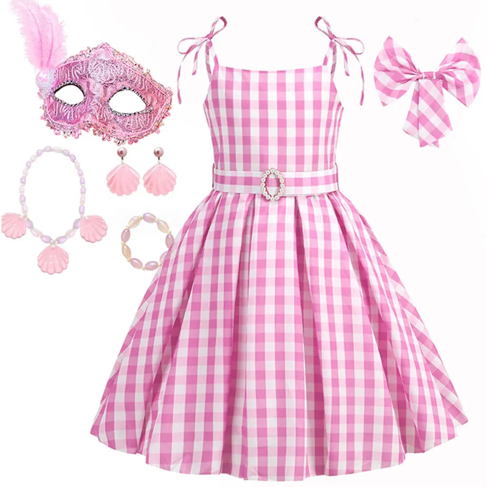 Halloween Hot Movie Barbei Baby Girl Pink Cowboy Look Dress Summer Beach Stripe Cute Sleeveless Plaid Slim Strap Dress Set