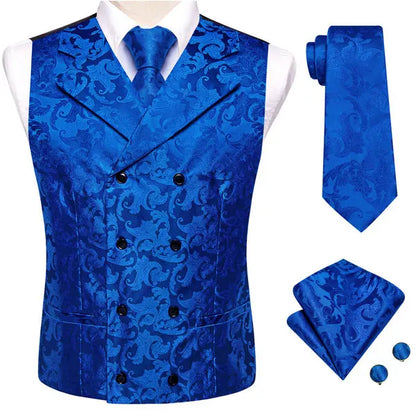 Dark Red Men's Vests Silk Paisley Jacquard Waistcoat Jacket NeckTie Hanky Cufflinks for Men Business Party Designer Gifts