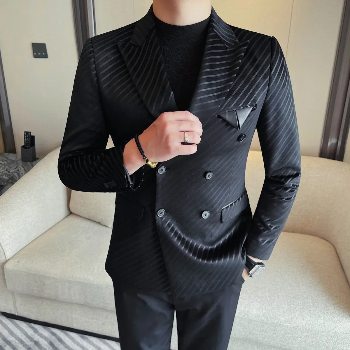 British Style Luxury Men Double Breasted Twill Suit Jacket High Quality Fashion Business Slim Fit Groom Social Party Suit Dress