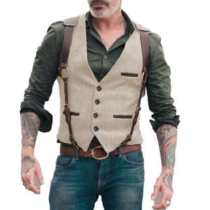 Men's Suit Vest Herringbone Tweed V Neck Business Formal Dress Waistcoat for Wedding Suit or Tuxedo