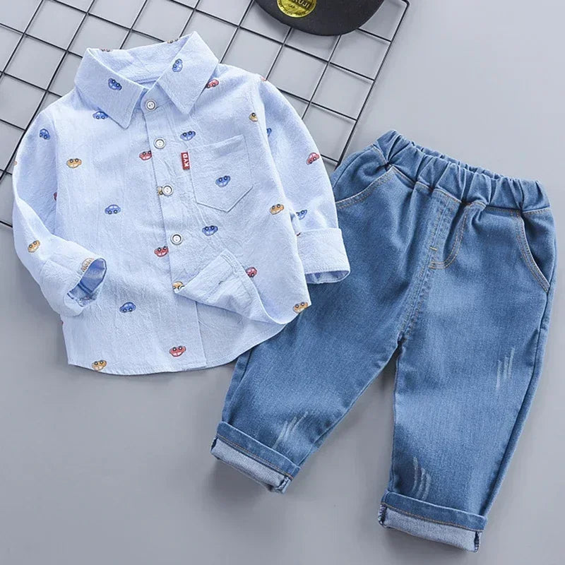 2-5 Years Spring Autumn Comfortable Casual Boys Clothing Set 2 Color Cartoon Car Full Sleeve Shirt + Jeans 2Pcs Outfit For Kids
