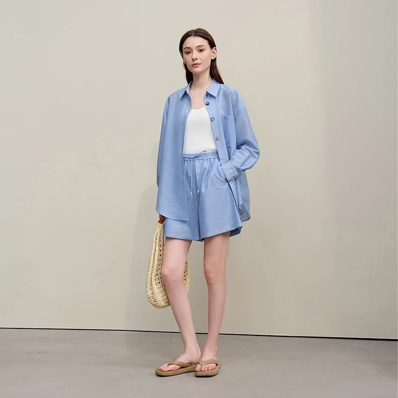 Women's Casual Shirts 2026 Summer New Holiday Style Separate Shorts Long Sleeve Top Single Loose Solid Shorts 12652027