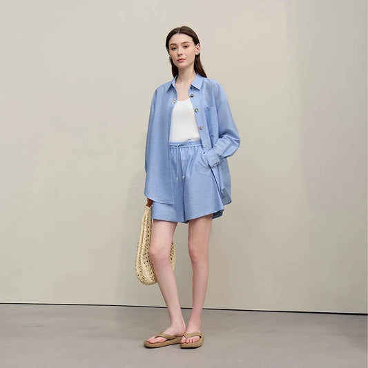Women's Casual Shirts 2026 Summer New Holiday Style Separate Shorts Long Sleeve Top Single Loose Solid Shorts 12652027