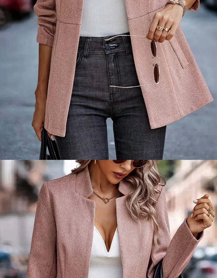 Commute Style Simple Design Woolen Suit Coat Pink Lapel Open Cardigan Short Length Polyester Fiber Women's Fashion Outerwear