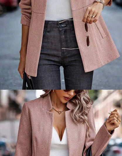 Commute Style Simple Design Woolen Suit Coat Pink Lapel Open Cardigan Short Length Polyester Fiber Women's Fashion Outerwear