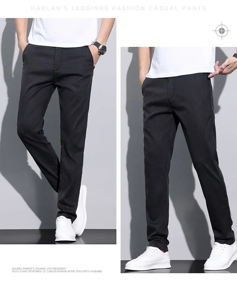 Fiber Fabric Summer Men's Casual Pants Fashion Thin Soft Breathable Elastic Business Slim Straight Trousers Black Gray