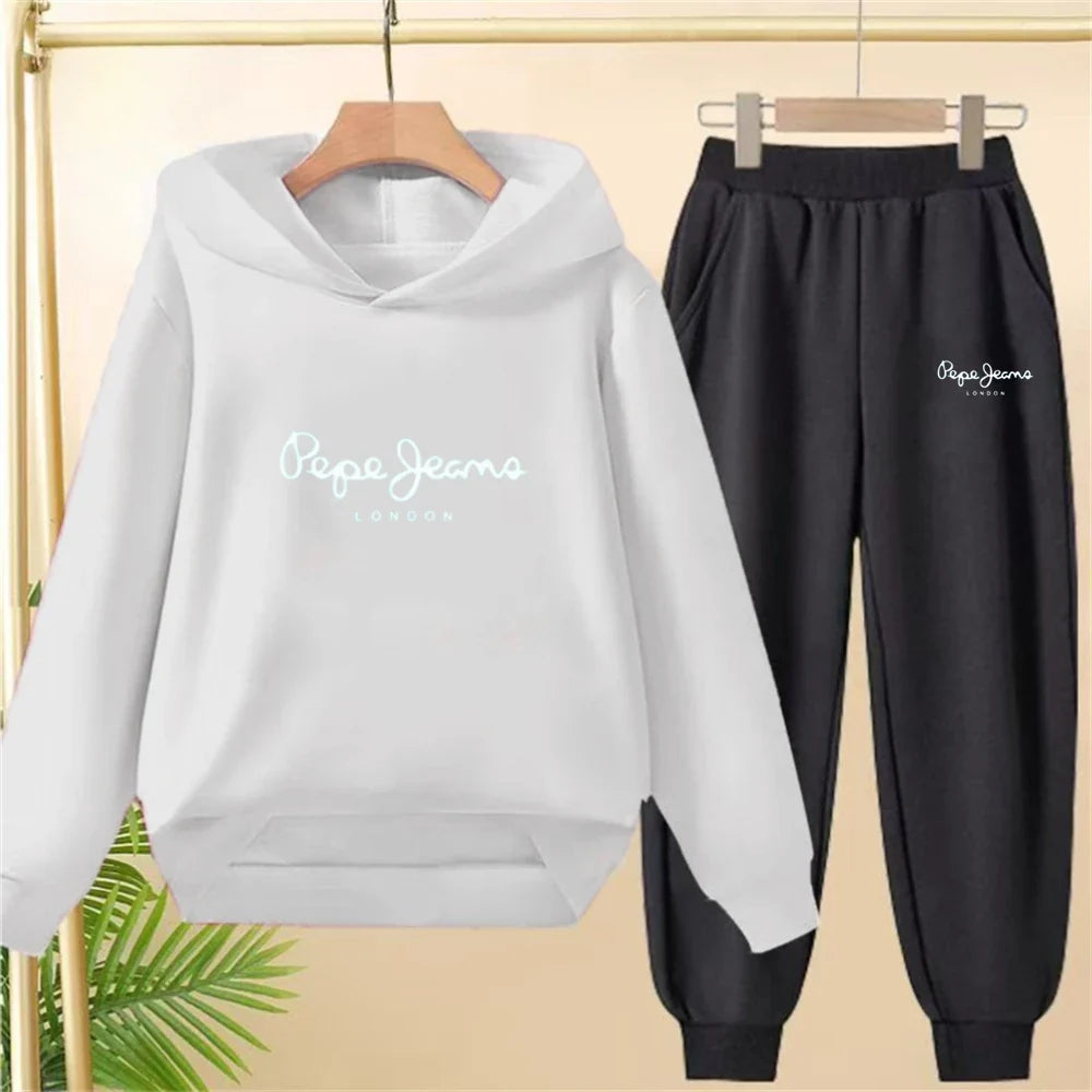 Boy Girls Children's Hoodies Suit Tops+Bottom Toddle Black Sweatshirr White Child 3-12 Year Pink Fashion Printing Coat Clothing