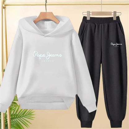 Boy Girls Children's Hoodies Suit Tops+Bottom Toddle Black Sweatshirr White Child 3-12 Year Pink Fashion Printing Coat Clothing