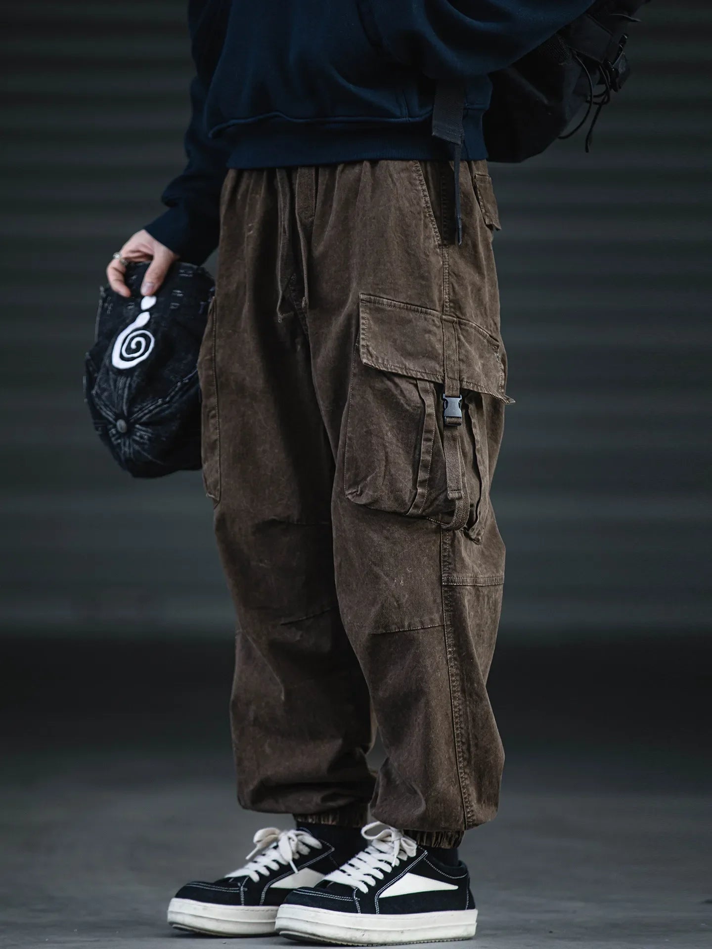 Oversized Baggy Vintage Washed Cargo Pants Men Loose Fit Drawstring Cuffed Retro American Style Streetwear Hip Hop Utility Pants