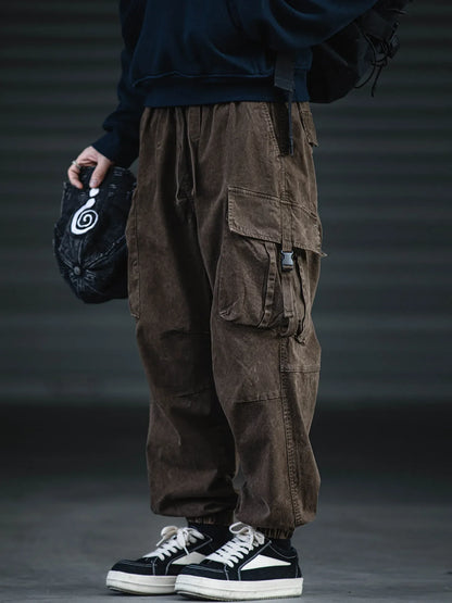 Oversized Baggy Vintage Washed Cargo Pants Men Loose Fit Drawstring Cuffed Retro American Style Streetwear Hip Hop Utility Pants