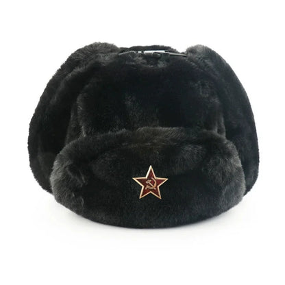 Soviet Army Military Badge Russia Ushanka Bomber Hats Pilot Trapper trooper Hat Winter Faux Rabbit Fur Earflap Men Snow Caps