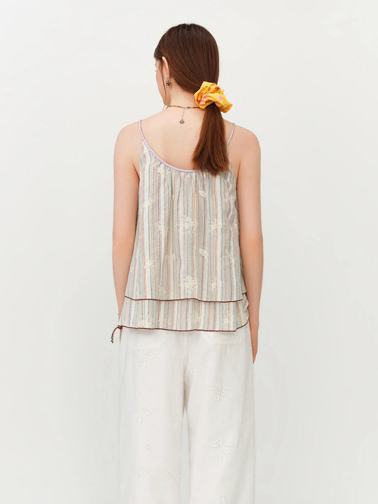 Elegant Cottage-Style Color Stripe Embroidery Braided Shoulder Strap Sleeveless Top - Women's 2026 Summer New Arrival Shirt