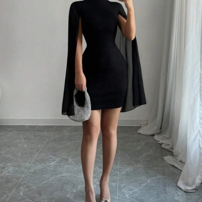 2025 Cross border European and American Women's Round Neck Pit Bar Pearl Chiffon Cloak Wrapped Hip Dress for Women