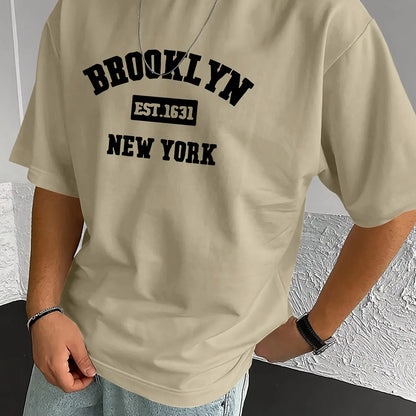 Men's summer 100% pure cotton fashionable casual loose sports Brooklyn pattern printed round neck short sleeved T-shirt top