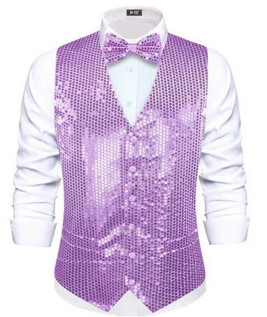 Men's Shiny Sequin Vest and Matching Bow Tie Set – 3 Vibrant Color Options for Parties, Proms Festive Events
