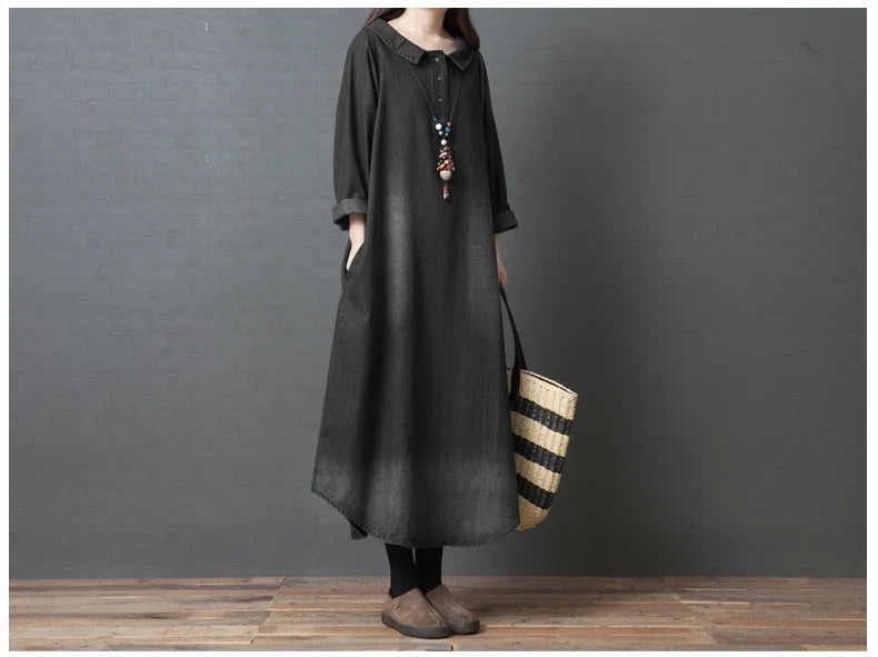 Women's Denim Dr Long Sve Loose Fit irt Sle Autumn Spring Faion plus Size Clothing Meat Concealing Slimming Skirt