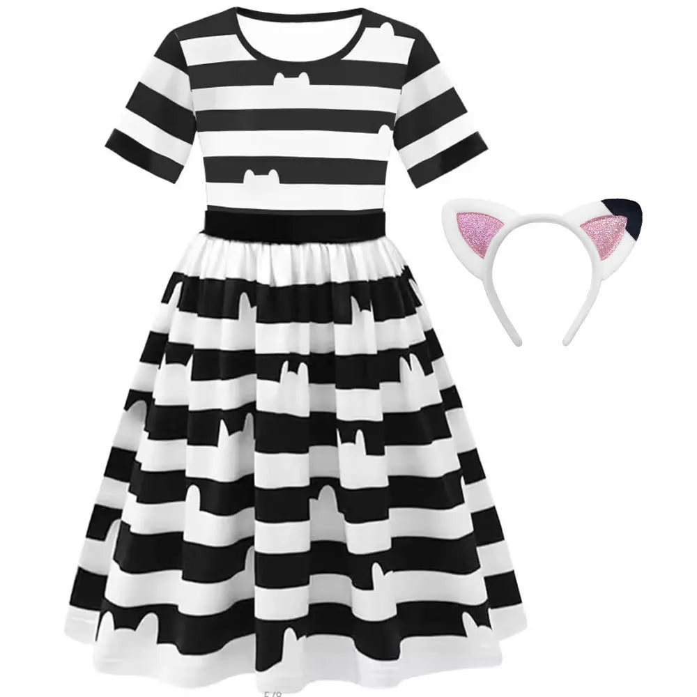 Carnival Party Children Black And White Stripe T-Shirt+Skirt+Bag Sets Kids Cartoon Cats Cosplay Costume Party Outfits 4-8Y