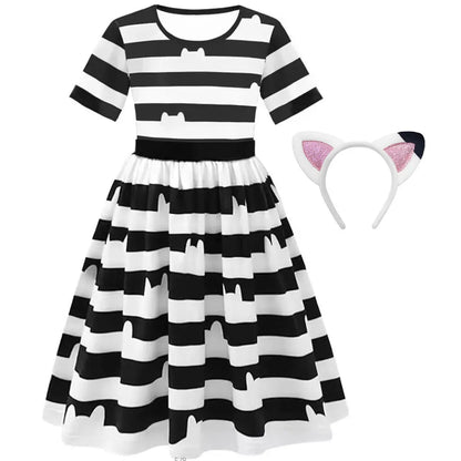 Carnival Party Children Black And White Stripe T-Shirt+Skirt+Bag Sets Kids Cartoon Cats Cosplay Costume Party Outfits 4-8Y
